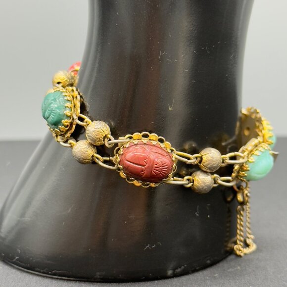 Vintage FREIRICH Gold Tone Filigree Scarab Bracelet Glass Stones w/ Safety Chain - Picture 16 of 16